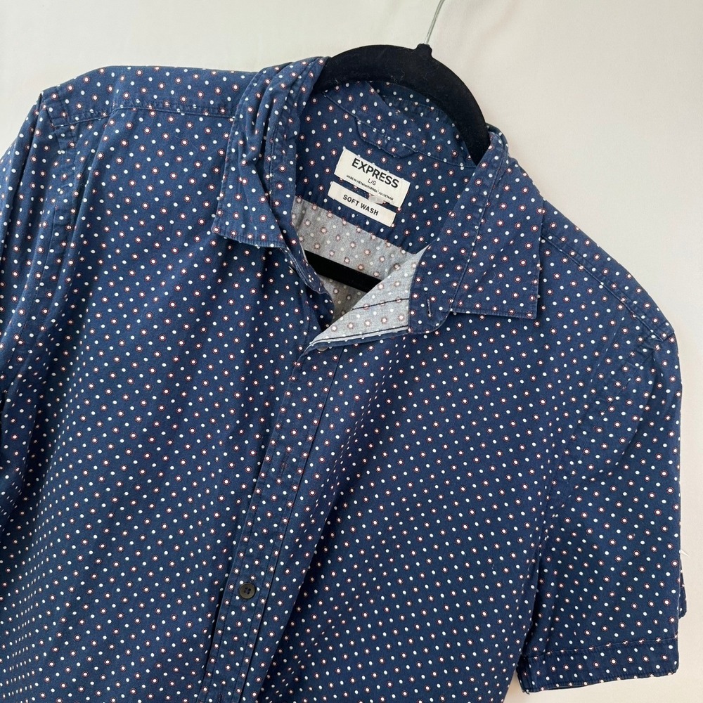 Express Soft Wash Mens Large Navy Blue Polka Dot Short Sleeve Button Down Shirt